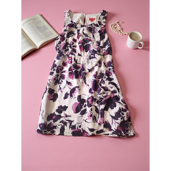 Elle Purple Watercolor Floral Sleeveless Ruffle Dress–Romantic Brunch Vibes Sz M - Picture 2 of 7